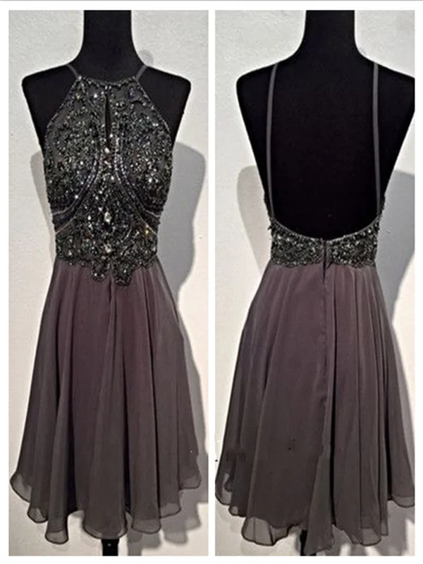 Final Clearance A Line Round Neck Short Grey Backless Prom Dress, Short Grey Backless Formal Dress, Homecoming Dress, Graduation Dress