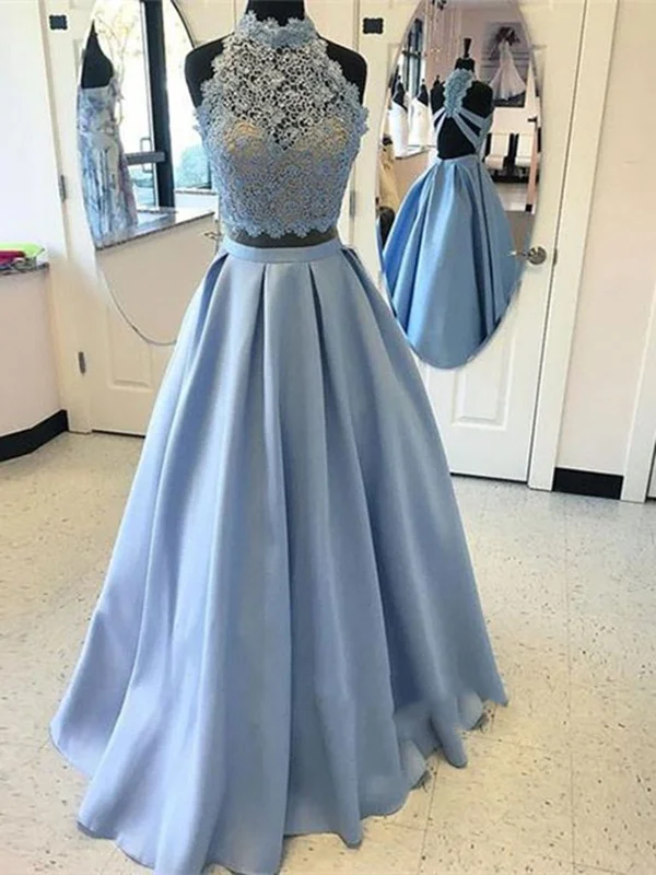 Special Savings Blue A Line High Neck 2 Pieces Lace Prom Dresses, 2 Pieces Lace Formal Dresses, Graduation Dresses Special Savings Blue A Line High Neck 2 Pieces Lace Prom Dresses, 2 Pieces Lace Formal Dresses, Graduation Dresses
