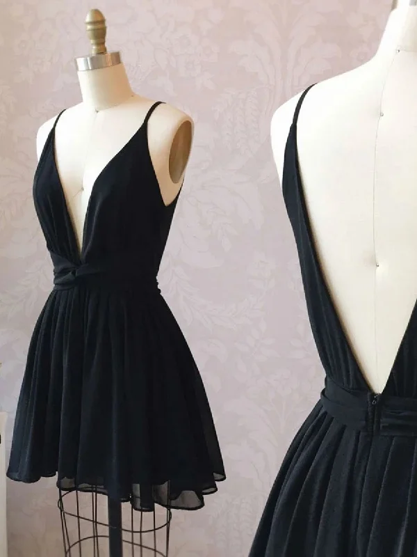 Year-End Sale Simple A Line V Neck and V Back Black Short Prom Homecoming Dresses, Cute V Neck Black Formal Graduation Evening Dresses