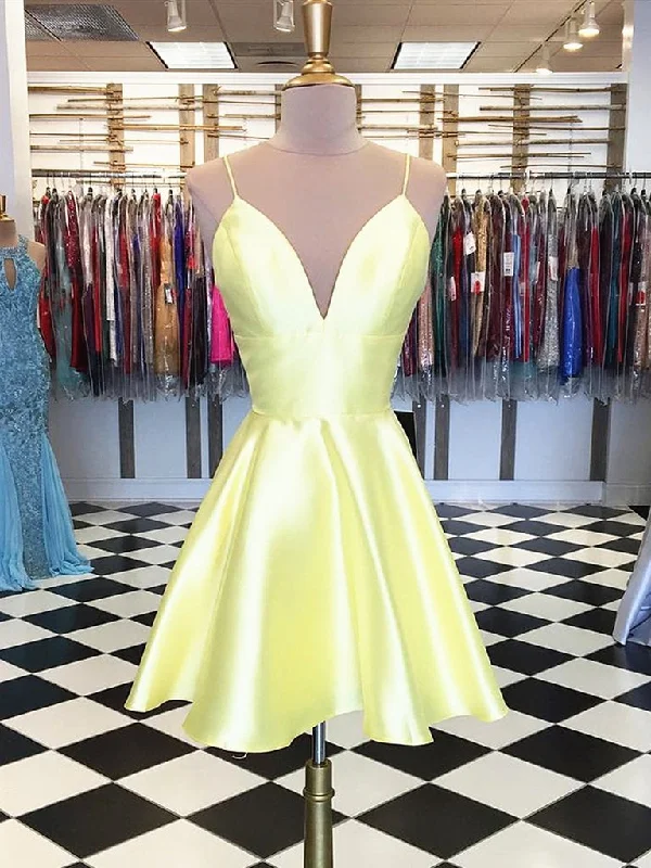 Online Exclusive Simple A Line V Neck Yellow Homecoming Dresses Short Prom Dresses, Yellow Graduation Dresses, Formal Dresses, Evening Dresses