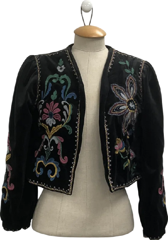 Special Discount Black Velvet V-neck Floral Embroidery Tie Front Jacket UK S
