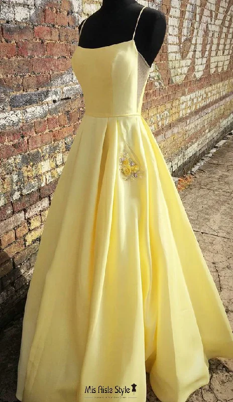 playful dressplayful dressSquare Neckline Yellow Prom Dress with Pocket