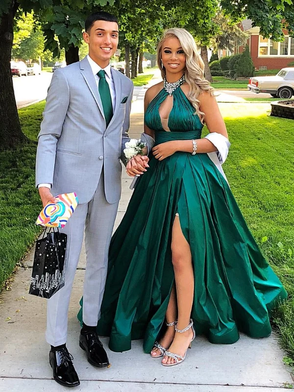 chic slip dresschic slip dressSexy High Neck Green Satin Long Prom Dresses with High Slit, Long Green Formal Graduation Evening Dresses SP3043