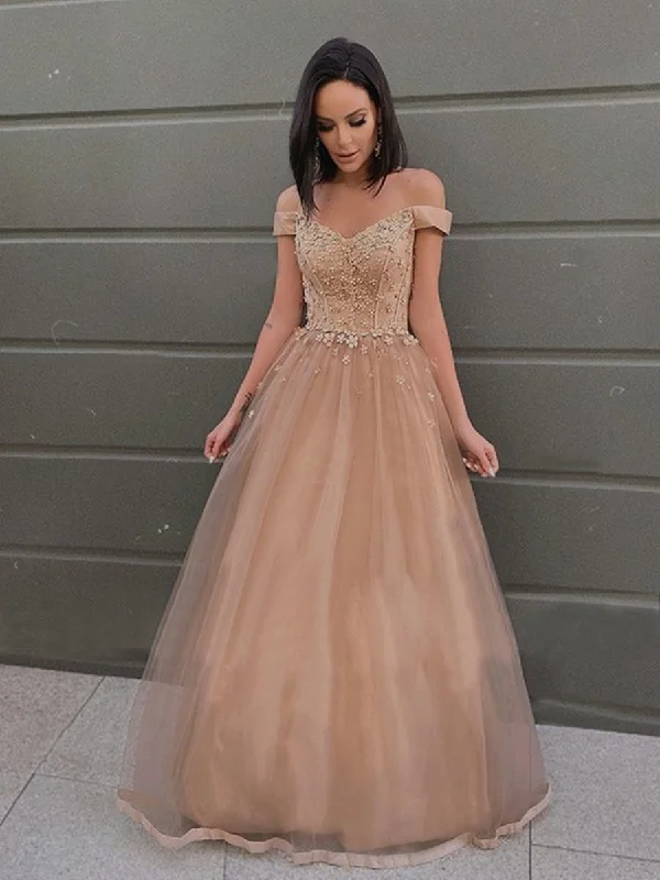 Massive Deals Off Shoulder Long Champagne Tulle Lace Prom Dresses, Off the Shoulder Champagne Formal Dresses, Champagne Lace Evening Dresses
