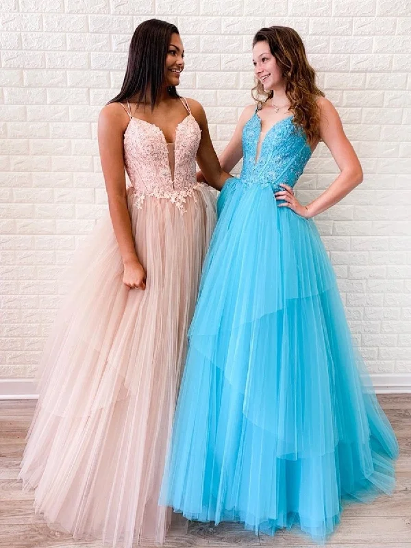 Deep Discounts V Neck Backless Pink/Light Blue Lace Long Prom Dresses, Open Back Pink/Light Blue Lace Formal Dresses, Pink/Light Blue Lace Evening Dresses