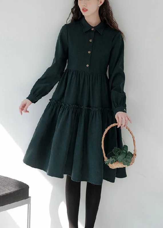 casual dresscasual dressGreen Patchwork Corduroy Long Dresses Ruffled Exra Large Hem Long Sleeve