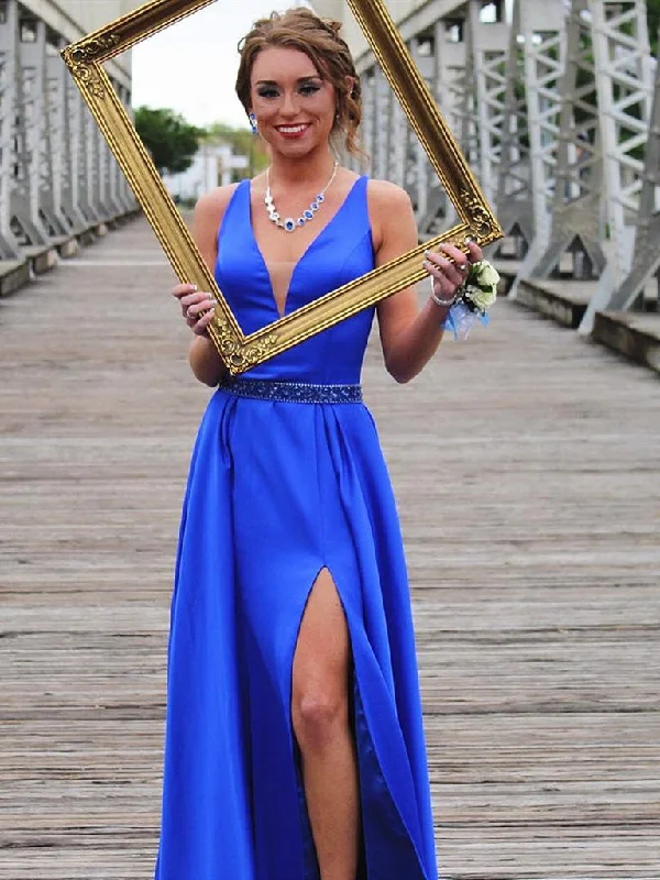 Fantastic Offers Blue A Line V Neck High Split Satin Long Prom Dresses, Blue Formal Dresses, Evening Dresses