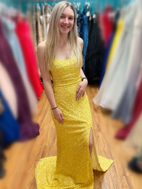 casual summer dresscasual summer dressYellow Sequins Mermaid Backless Long Prom Dresses with High Slit, Mermaid Yellow Sequins Formal Graduation Evening Dresses SP2213