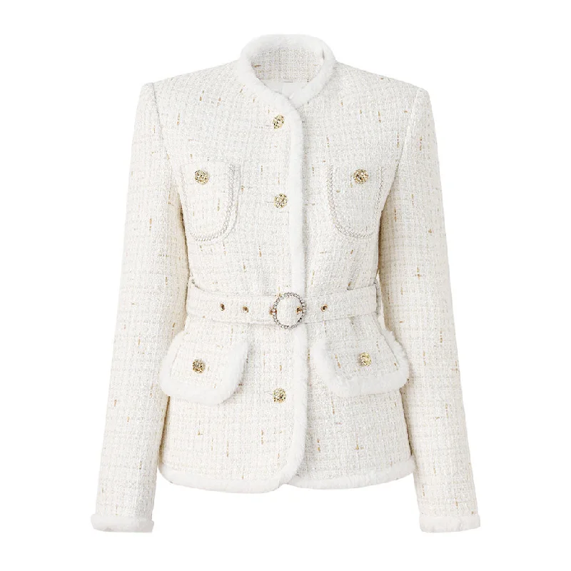Don't Wait Classy Faux Fur Trim Mock Neck Button Up Lurex Stitch Belted Tweed Jacket