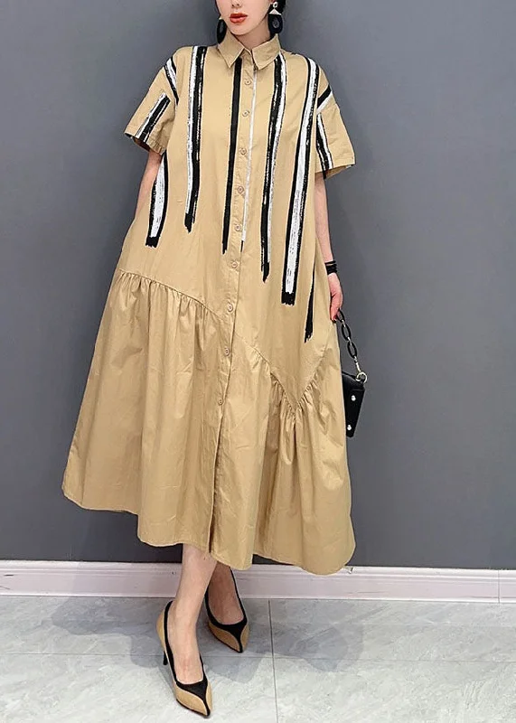 Overstock Italian Khaki Peter Pan Collar Patchwork Cotton Shirt Dress Summer