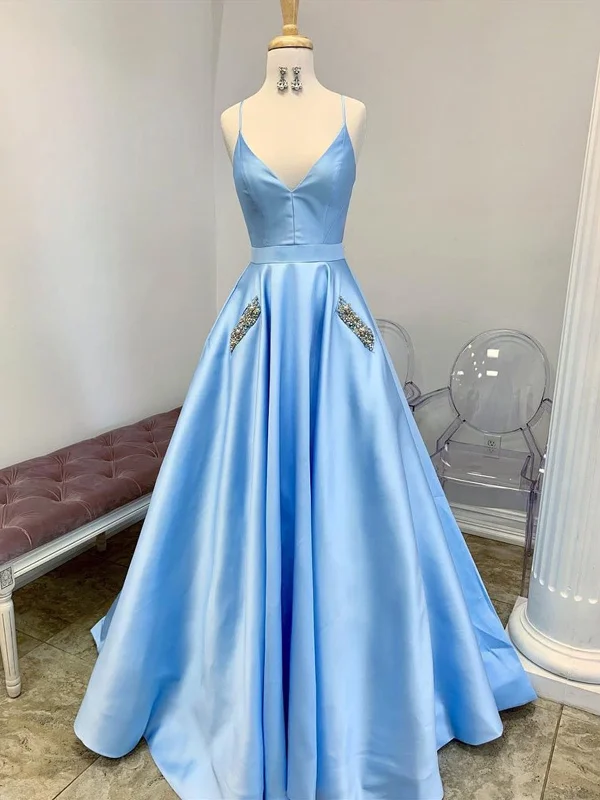YEAR-End Clearance A Line V Neck Light Blue Satin Long Prom Dresses with Pocket, V Neck Light Blue Formal Evening Dresses YEAR-End Clearance A Line V Neck Light Blue Satin Long Prom Dresses with Pocket, V Neck Light Blue Formal Evening Dresses