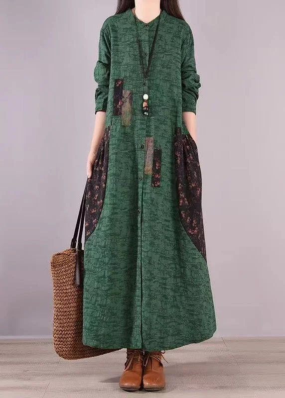 Price Drop Vintage Green Stand Collar Print Patchwork Cotton Shirts Dresses Fall