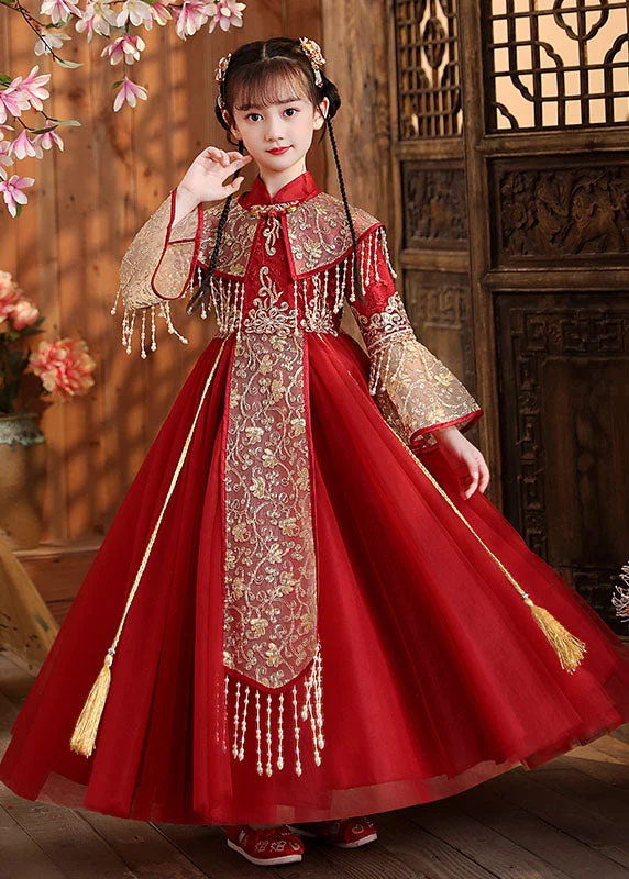 Big Savings New Red Stand Collar Embroideried Tassel Tulle Kids Long Dress Fall