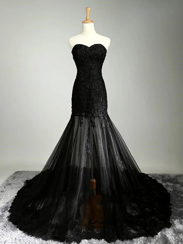 Don't Miss Custom Made Sweetheart Neck Mermaid Black Lace Prom Dresses with Sweep Train, Black Lace Formal Dresses Don't Miss Custom Made Sweetheart Neck Mermaid Black Lace Prom Dresses with Sweep Train, Black Lace Formal Dresses