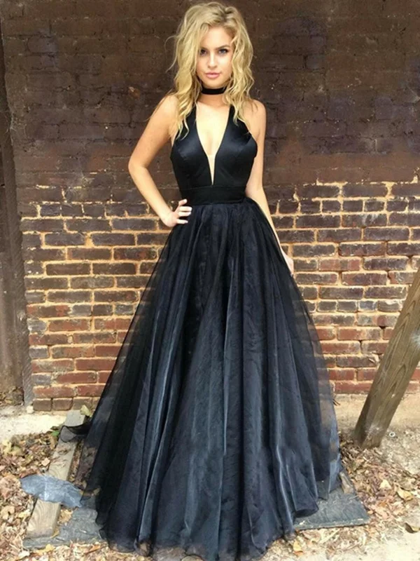 Sale Event Black A Line Deep V Neck Prom Dress with Train, Black V Neck Graduation Dress, Formal Dress