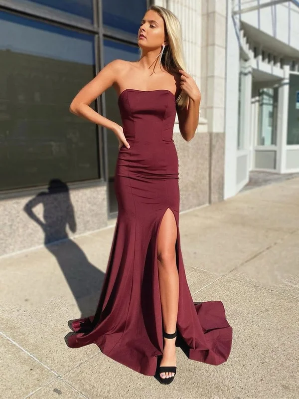 Year-End Clearance Strapless Mermaid Burgundy Long Prom Dresses with Corset Back, Mermaid Maroon Formal Dresses with Leg Slit, Mermaid Burgundy Evening Dresses