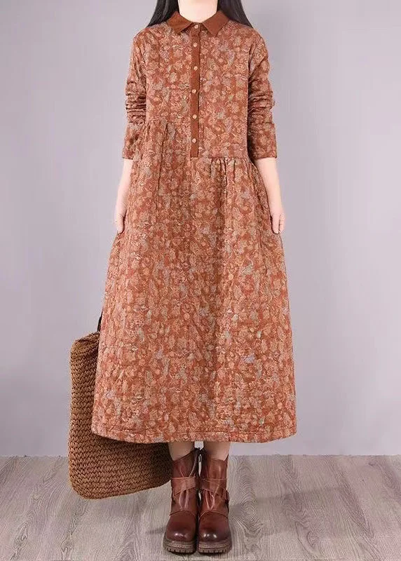 Instant Discount Natural Orange Print Patchwork Fine Cotton Filled Dresses Winter