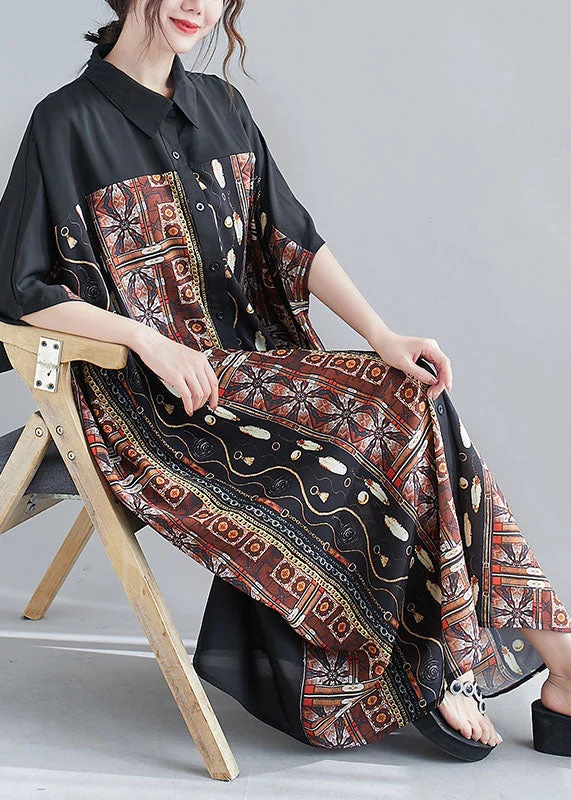 Special Discount Coffee Print Chiffon Long Dress Peter Pan Collar Summer