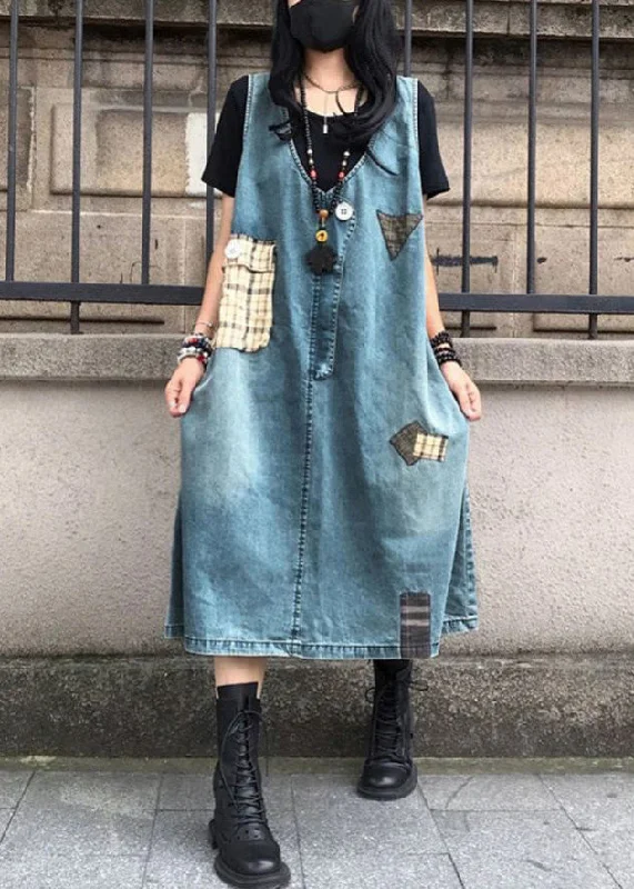 off-the-shoulder dressoff-the-shoulder dressElegant Blue V Neck Patchwork Denim Maxi Slip Dress Sleeveless