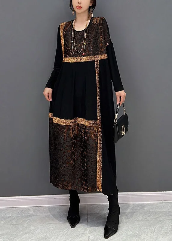 trendy mini dresstrendy mini dressClassy Black O-Neck Oversized Patchwork Cotton Long Dress Spring