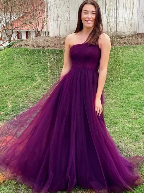 party dressparty dressOne Shoulder Purple Tulle Long Prom Dresses, Long Purple Formal Graduation Evening Dresses SP2947