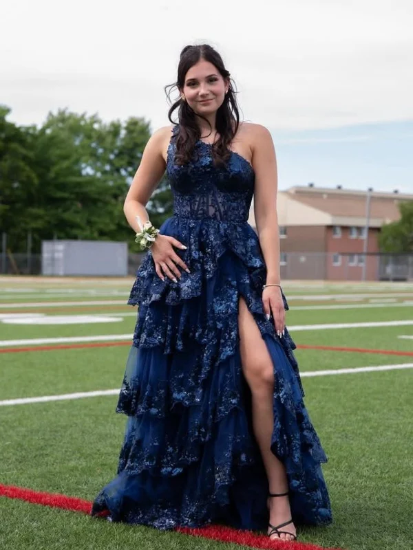 relaxed fit dressrelaxed fit dressOne Shoulder Layered Navy Blue Lace Long Prom Dresses, High Slit Navy Blue Lace Formal Graduation Evening Dresses SP3102