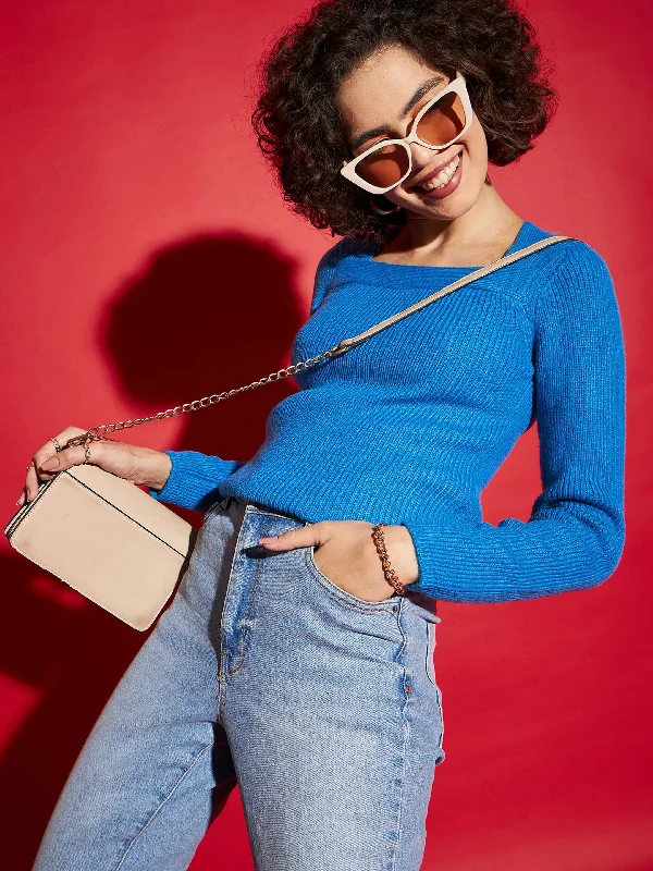 Final Markdown Women Blue Rib Square Neck Full Sleeves Sweater