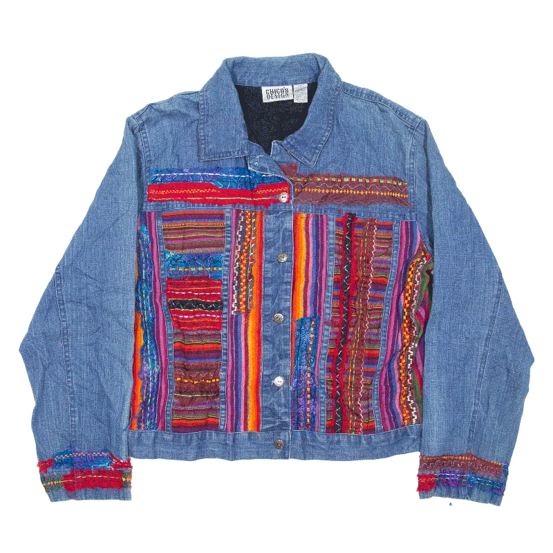 Overstock Sale CHICOS DESIGN Boho Style Denim Jacket Blue 90s Striped Womens M