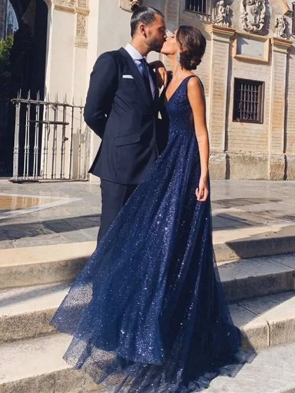 Online Specials Shiny A Line V Neck and V Back Navy Blue Long Prom Dresses, Sparkly V Neck Backless Navy Blue Formal Graduation Evening Dresses