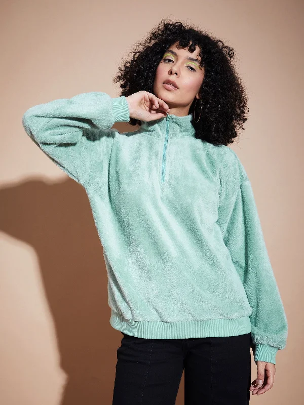 Year-End Clearance Women Green Front Zipper High Neck Sweatshirt