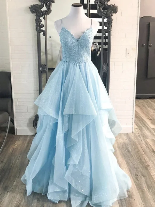 Today’s Deal Shiny V Neck Blue Lace Long Prom Dresses, Blue Lace Formal Dresses, Fluffy Blue Evening Dresses Today’s Deal Shiny V Neck Blue Lace Long Prom Dresses, Blue Lace Formal Dresses, Fluffy Blue Evening Dresses