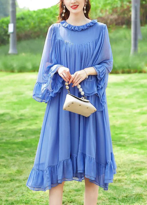 flowy maxi dressflowy maxi dressFrench Blue Ruffled Patchwork Silk A Line Dresses Flare Sleeve