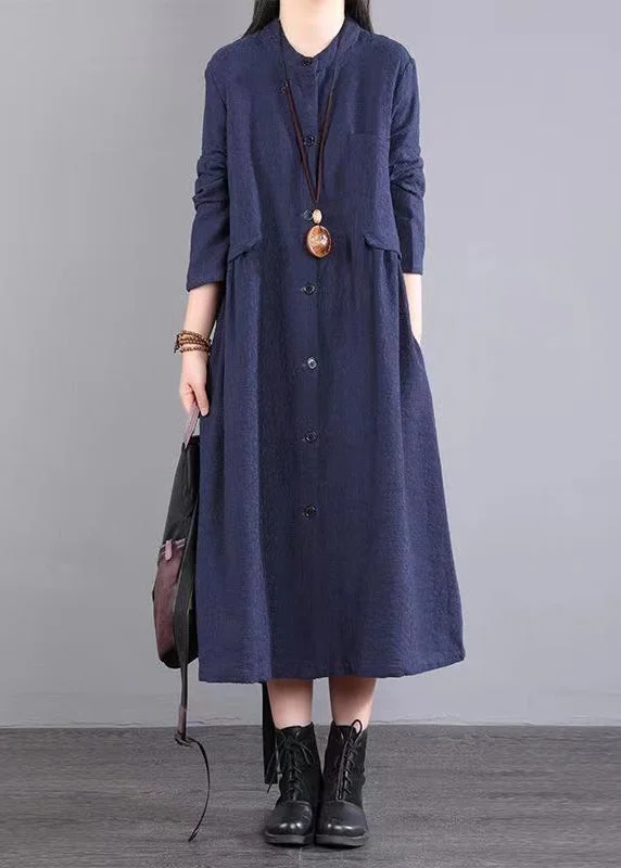 Online Specials Navy Pockets Patchwork Cotton Dress Stand Collar Button Fall