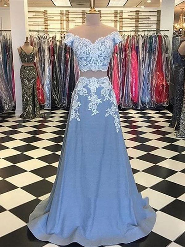 Major Savings A Line 2 Pieces White Lace Sky Blue Prom Dress, Lace Evening Dress