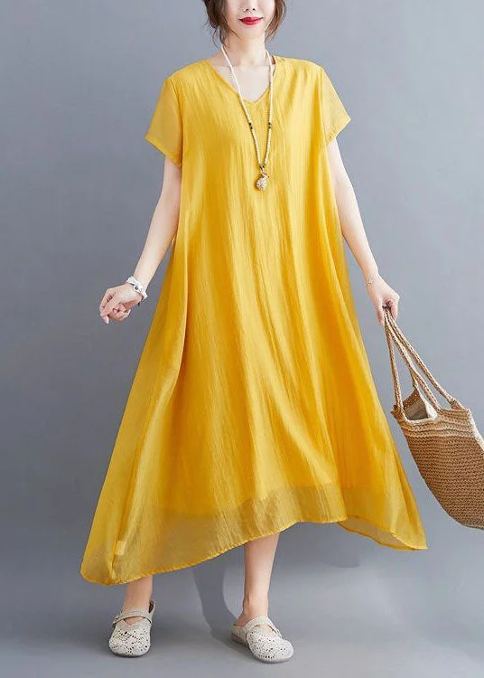 Seasonal Clearance Casual Yellow V Neck Asymmetrical Design Cotton Maxi Dresses Summer Seasonal Clearance Casual Yellow V Neck Asymmetrical Design Cotton Maxi Dresses Summer