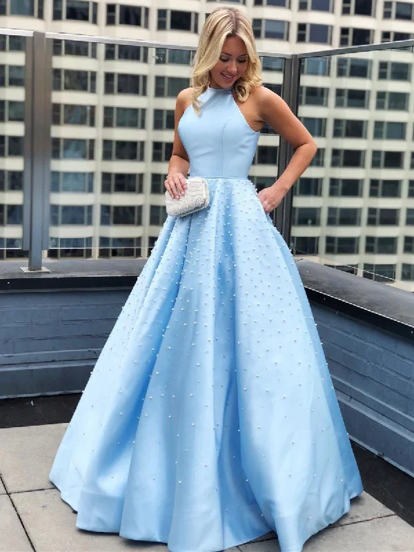 evening dressevening dressSky Blue Halter Neck Beaded Long Prom Dresses, Elegant Sky Blue Formal Dresses, Evening Dresses