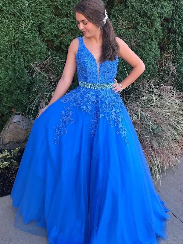 Customer Appreciation Sale Stylish V Neck Backless Blue Lace Long Prom Dresses 2020 with Belt, Backless Blue Lace Formal Dresses, Blue Lace Evening Dresses Customer Appreciation Sale Stylish V Neck Backless Blue Lace Long Prom Dresses 2020 with Belt, Backless Blue Lace Formal Dresses, Blue Lace Evening Dresses