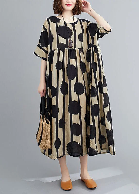Time-Limited Offer Black Print Cotton Long Dress O-Neck Exra Large Hem Summer