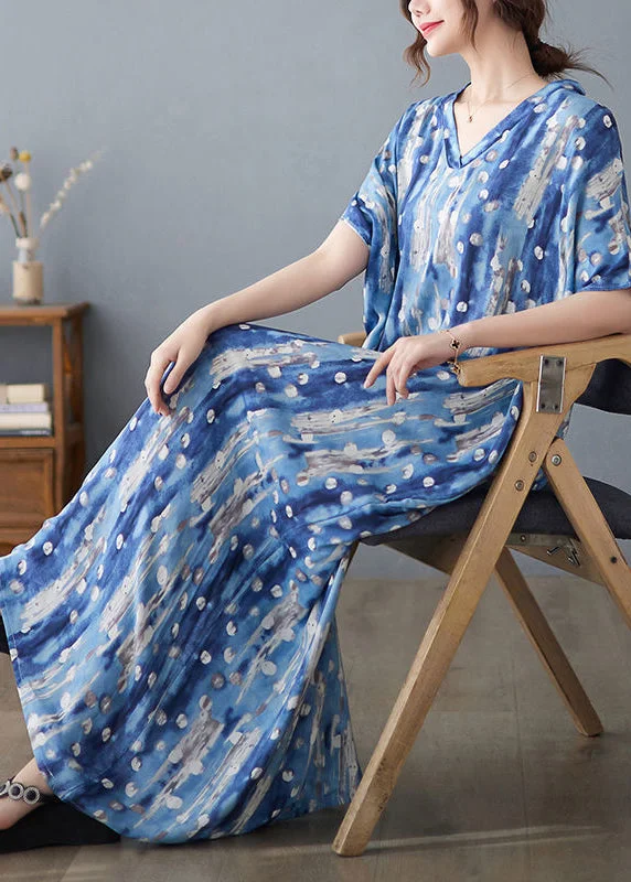 chic wrap dresschic wrap dressStylish Blue Oversized Print Linen Holiday Dress Summer