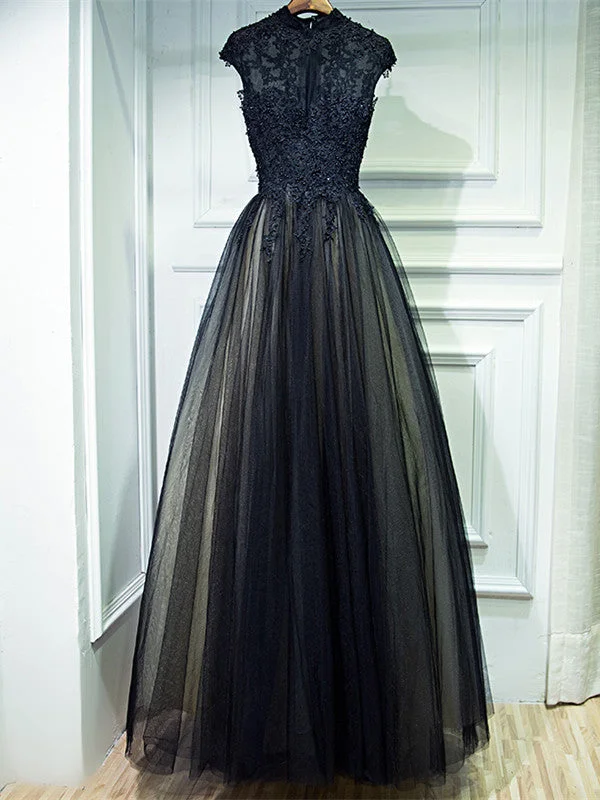 Clearance Sale A Line High Neck Cap Sleeves Lace Black/Red Prom Dresses, Black/Red Lace Formal Dresses, Evening Dresses Clearance Sale A Line High Neck Cap Sleeves Lace Black/Red Prom Dresses, Black/Red Lace Formal Dresses, Evening Dresses