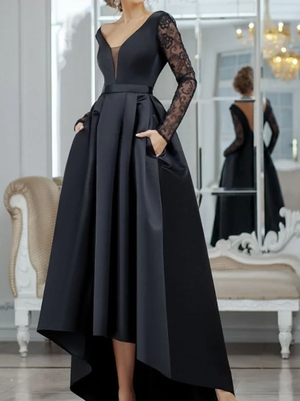 Special Offer V Neck Long Sleeves Black Lace Long Prom Dresses, High Low Black Formal Dresses, Black Lace Evening Dresses SP2184