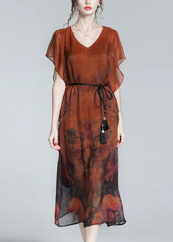 sleeveless dresssleeveless dressStyle Orange O-Neck Print Tie Waist Silk Holiday Long Dress Short Sleeve