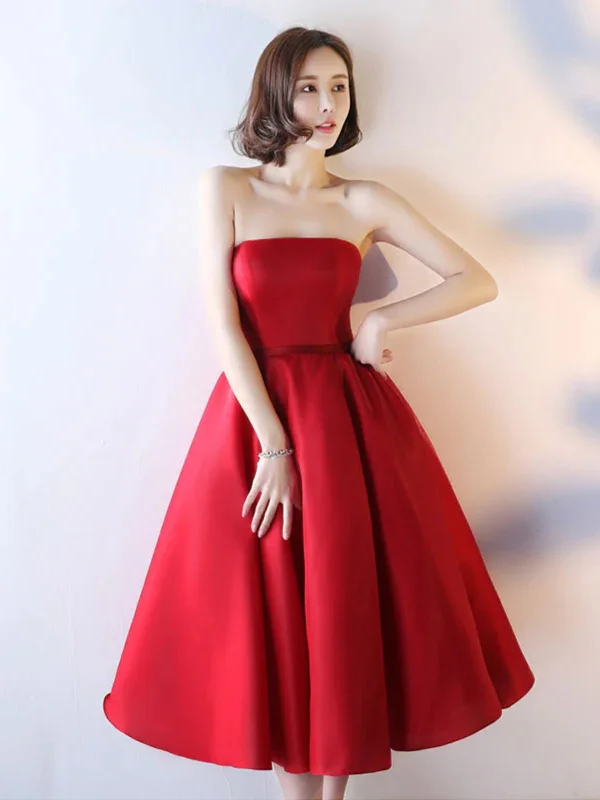 oversized dressoversized dressStrapless Red Tea Length Prom Dresses, Red Homecoming Dresses, Tea Length Formal Evening Dresses SP2707