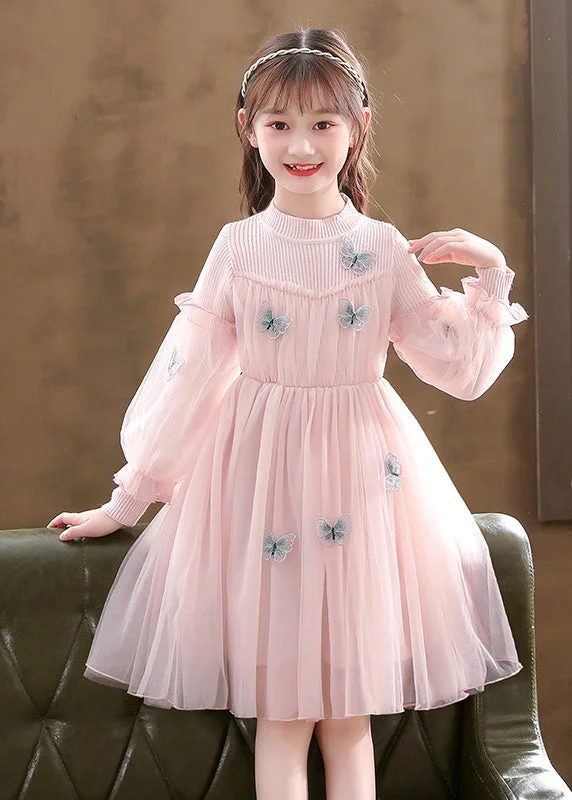 Now or Never Stylish Pink Butterfly Patchwork Tulle Baby Girls Dress Fall