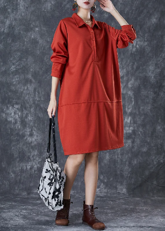 Special Savings Tangerine Patchwork Spandex Long Dress Peter Pan Collar Fall