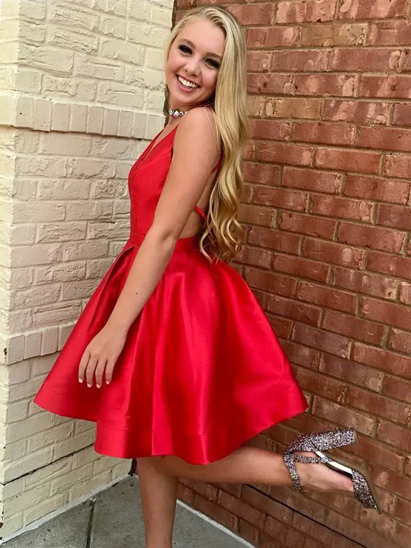 sleek dresssleek dressA Line V Neck Open Back Short Red Prom Homecoming Dresses, Short Backless Red Formal Graduation Evening Dresses