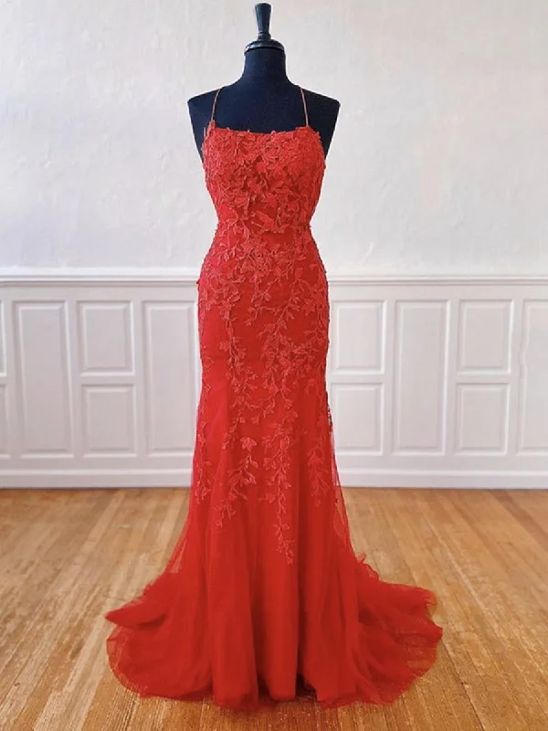 Limited Time Backless Mermaid Long Red Lace Prom Dresses, Mermaid Red Lace Formal Dresses, Red Lace Evening Dresses
