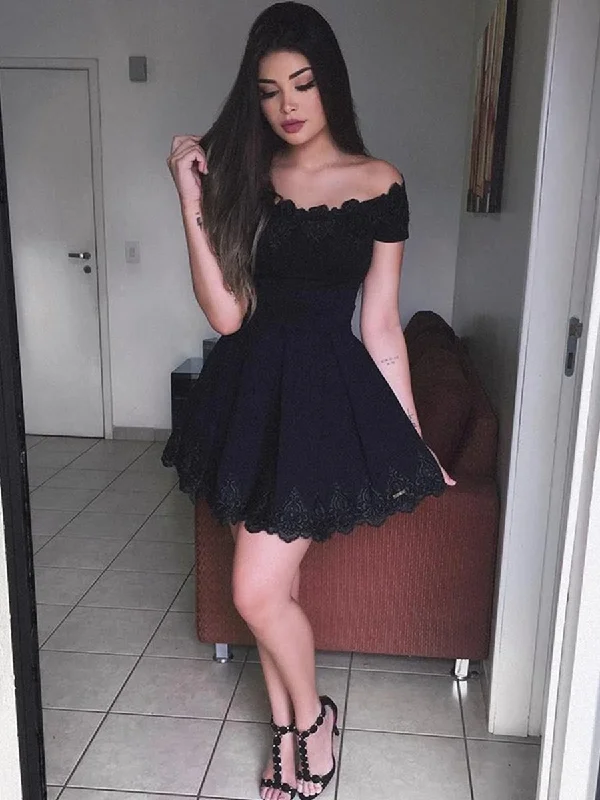 fitted cocktail dressfitted cocktail dressOff Shoulder Short Black Lace Prom Dresses, Off Shoulder Black Lace Formal Graduation Homecoming Dresses