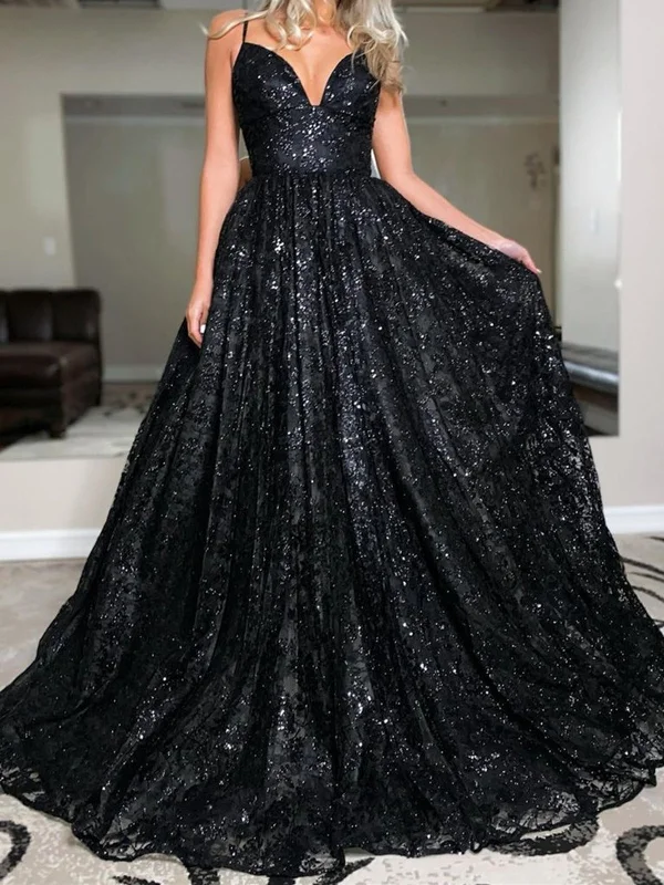 Amazing Deals Shiny V Neck Open Back Black Long Prom Dresses, Backless Black Formal Dresses, Sparkly Black Evening Dresses