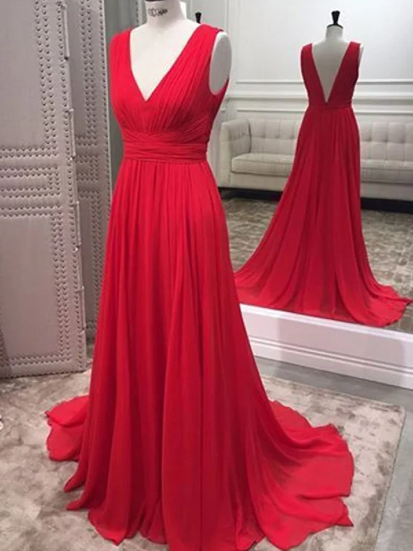 Quick Sale A Line V Neck Open Back Red Chiffon Ruffles Long Prom Dresses, V Neck Backless Red Formal Dresses, Red Evening Dresses